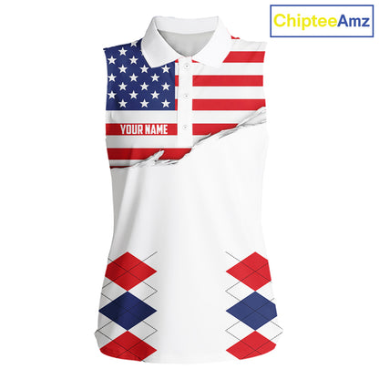 Womens US Flag Golf Shirts Patriotic Golf Jersey Custom Red And Blue Golf Sleeveless Polo Golf Gifts NYN3054