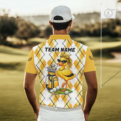 Mens Funny Duck Golfer Polo Golf Shirts Custom White Yellow Argyle Golf Team Attire For Golfers NYN3057