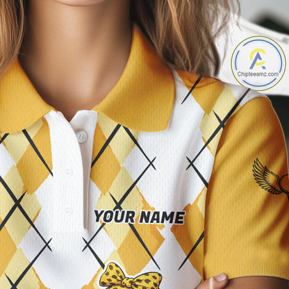 Womens Funny Duck Golfer Polo Golf Shirts Custom White Yellow Argyle Golf Team Attire For Golfers NYN3057