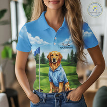 Load image into Gallery viewer, Woman wearing Golden Retriever golf polo shirt on golf course matching couples golf outfit