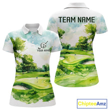 Load image into Gallery viewer, Women's green watercolor golf course polo shirt mockup personalized golf apparel