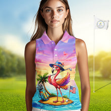 Load image into Gallery viewer, Woman wearing flamingo island golf sleeveless polo shirt on golf course