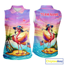 Load image into Gallery viewer, Women's flamingo island golf ball sleeveless polo shirt mockup tropical golf attire