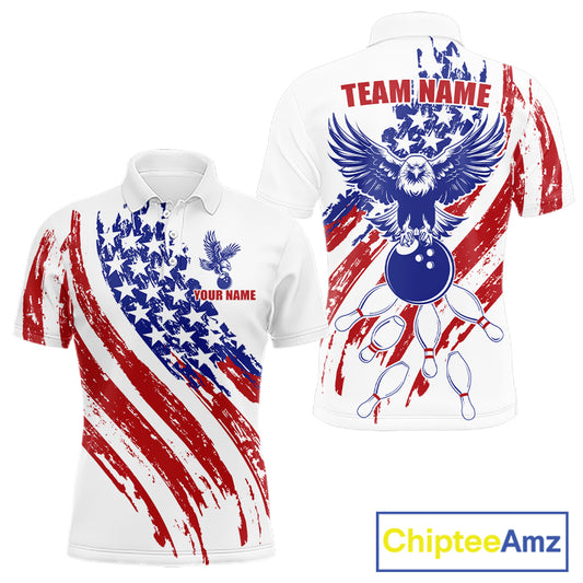 Man wearing distressed American Flag Eagle bowling polo with custom team name, grunge patriotic design, breathable performance shirt, bowling league apparel, USA heritage clothing, veteran tribute sports jersey.