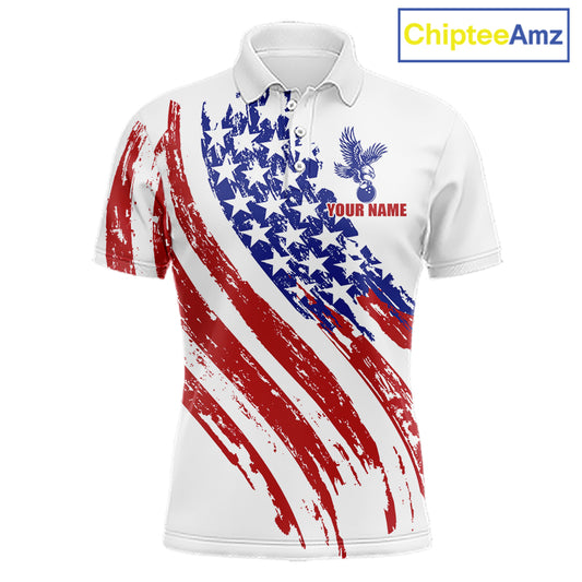 Man wearing distressed American Flag Eagle bowling polo with custom team name, grunge patriotic design, breathable performance shirt, bowling league apparel, USA heritage clothing, veteran tribute sports jersey.
