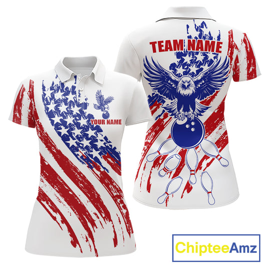 Woman wearing Custom Grunge American Flag Eagle Bowling Polo Shirt featuring distressed USA flag, vintage eagle artwork, personalized bowling team uniform, patriotic bowling apparel, custom league jersey, Americana fashion, outdoor sportswear.