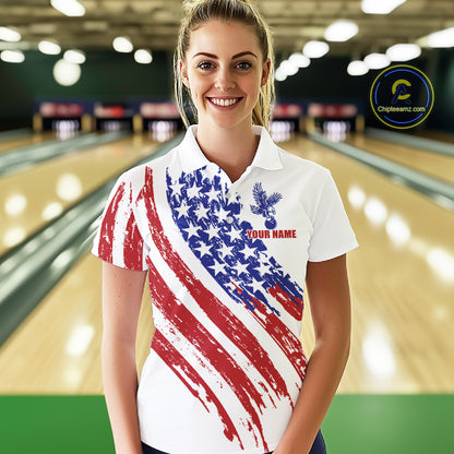 Female athlete modeling vintage patriotic eagle bowling shirt in bowling alley, Americana aesthetic, freedom symbol, custom bowling fashion, patriotic sports outfit, Memorial Day, Veterans Day apparel.