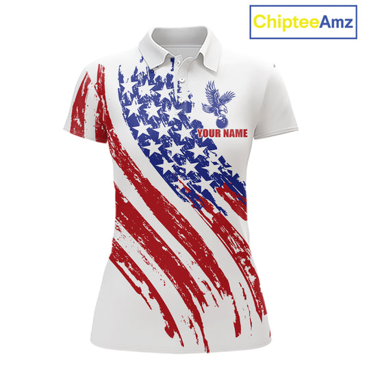 Woman wearing Custom Grunge American Flag Eagle Bowling Polo Shirt featuring distressed USA flag, vintage eagle artwork, personalized bowling team uniform, patriotic bowling apparel, custom league jersey, Americana fashion, outdoor sportswear.