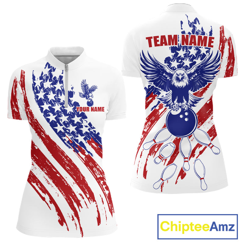 Woman wearing Grunge American Flag Eagle Quarter-Zip Bowling Shirt, personalized tournament jersey, moisture-wicking athletic apparel, patriotic eagle design, custom bowling uniform, league-ready performance wear.