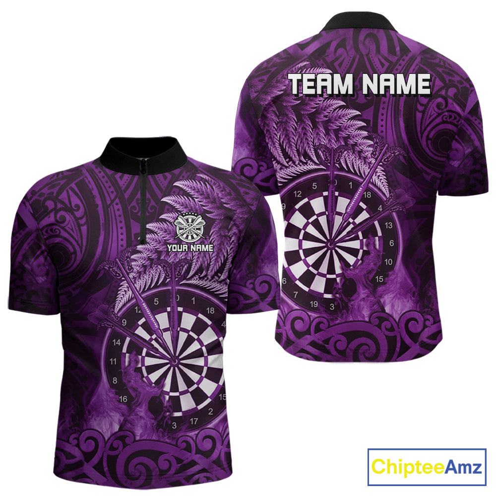 Personalized Fern Leaves Purple Fire Tribal Dart Quarter-Zip Shirts For Men Dart Team Jerseys NYN2191