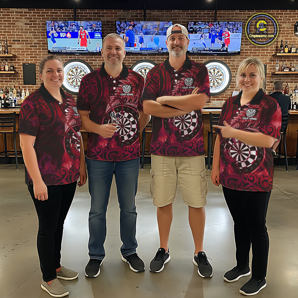 Personalized Fern Leaves Red Fire Tribal Dart Polo Shirts For Men Dart Team Jerseys NYN2192