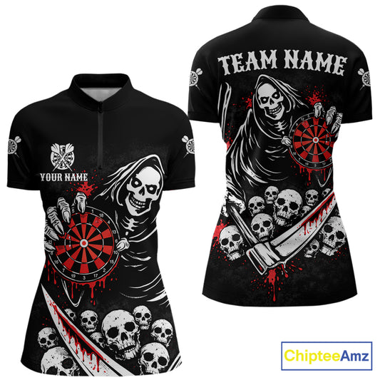 Red Dripping Grim Reaper Dartboard Skull Dart 1/4-Zip Shirts For Women Custom Name For Dart Players NYN2684