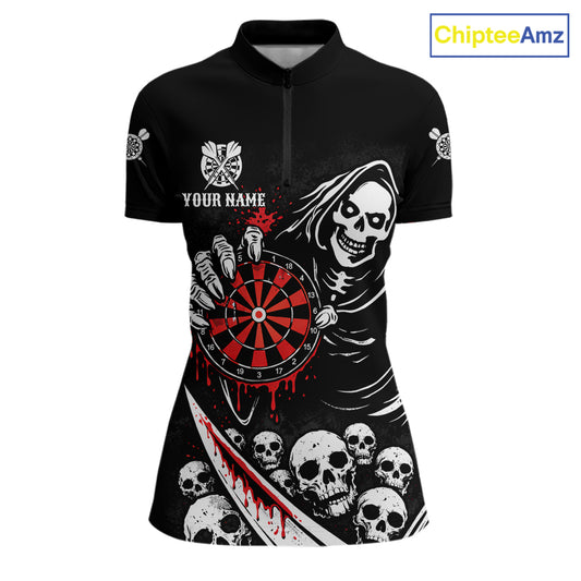 Red Dripping Grim Reaper Dartboard Skull Dart 1/4-Zip Shirts For Women Custom Name For Dart Players NYN2684