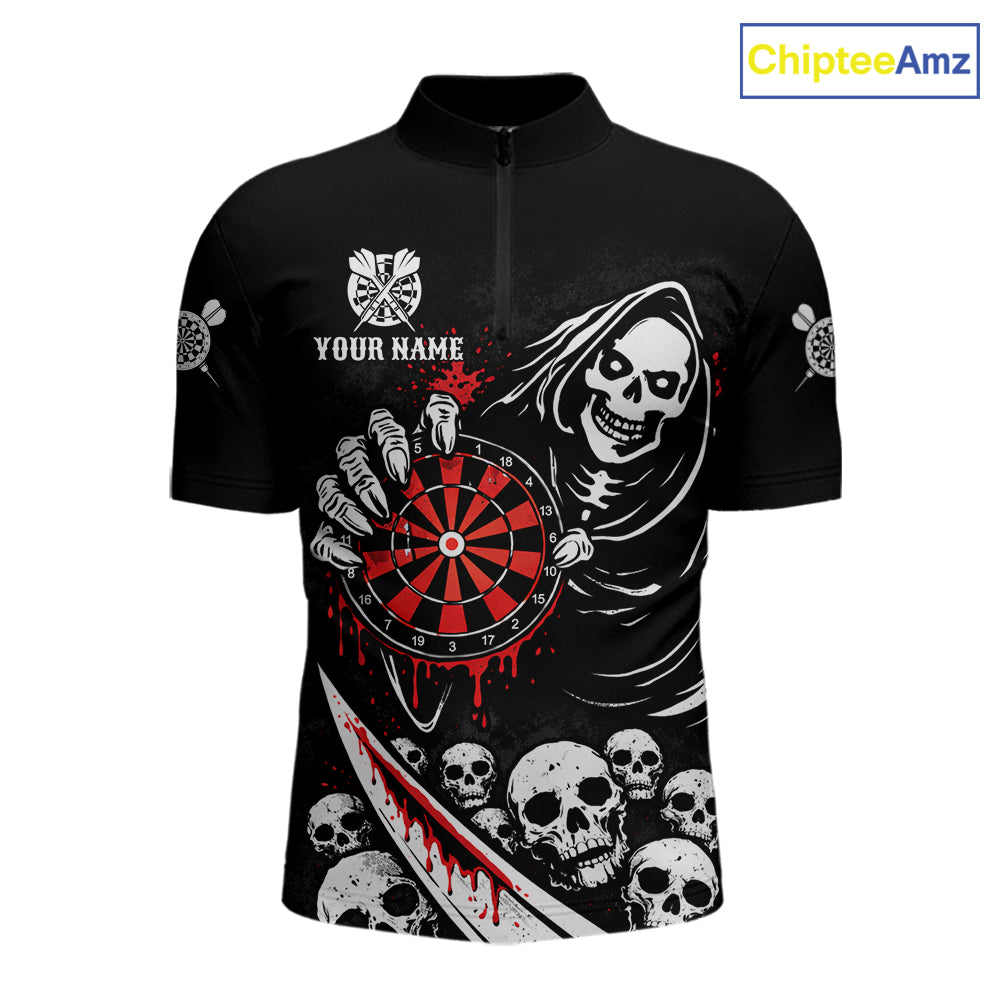 Red Dripping Grim Reaper Dartboard Skull Dart 1/4-Zip Shirts For Men Custom Name For Dart Players NYN2684