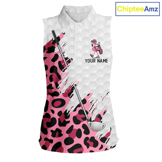 Camouflage Womens Golf Sleeveless Polo Shirt Custom Pink Funny Flamingo Pattern White Golf Team Shirts NYN2835