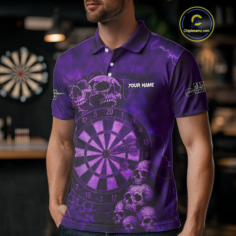 Custom Grunge Purple Dartboard Multi-Skull Dart Men Polo Shirt Dart Team Jerseys NYN1621