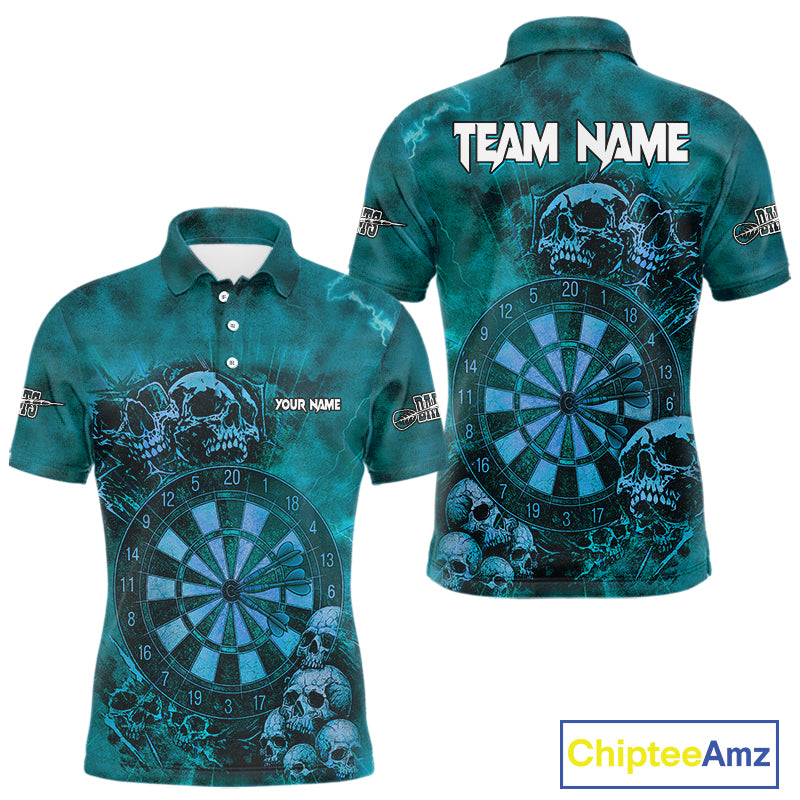 Custom Grunge Turquoise Dartboard Multi-Skull Dart Men Polo Shirt Dart Team Jerseys NYN1623