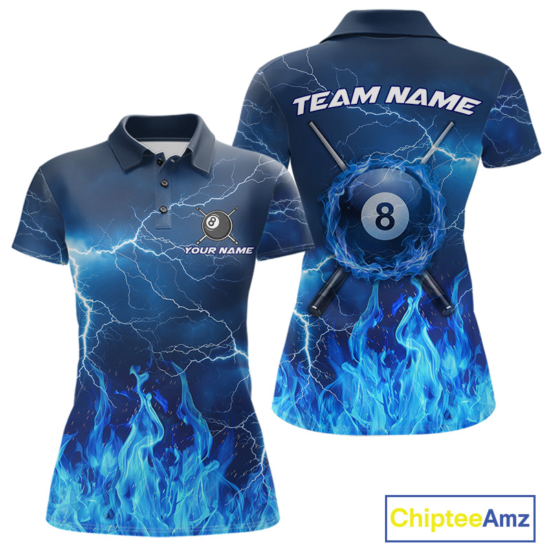 Thunder Blue Flames 8 Ball Pool Billiard Shirt Women Men Custom Polo & 1/4 Zip Team Tournament Jersey NYN3782