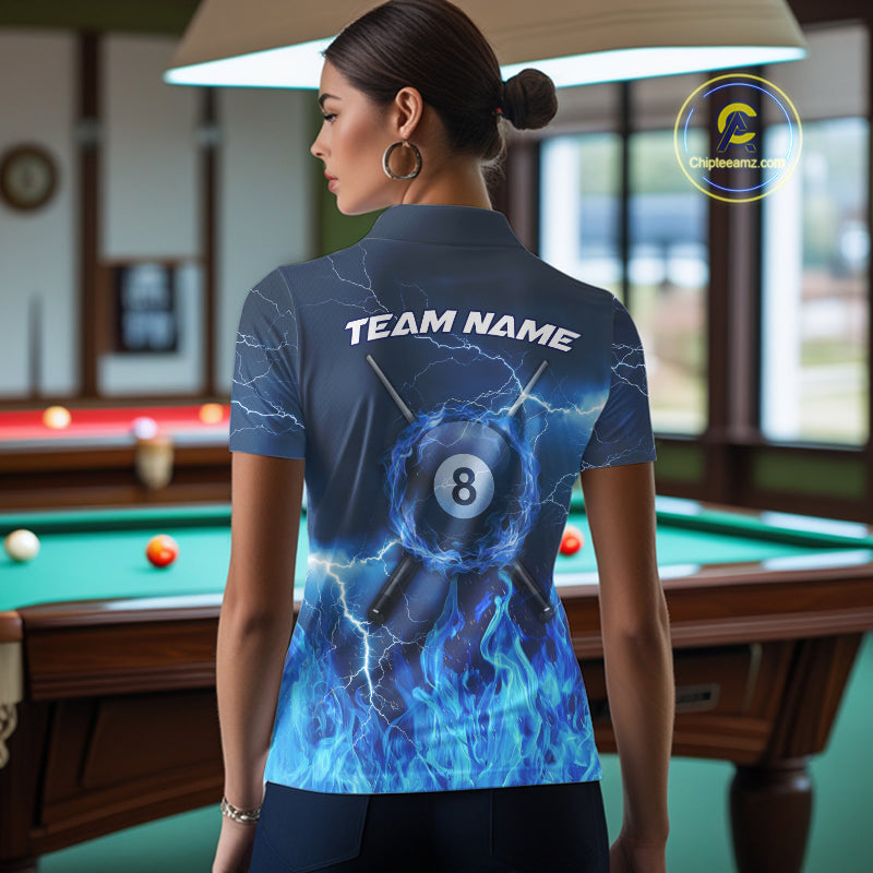 Thunder Blue Flames 8 Ball Pool Billiard Shirt Women Men Custom Polo & 1/4 Zip Team Tournament Jersey NYN3782