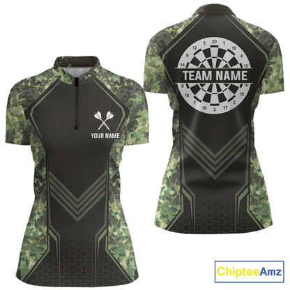 Green Grunge Camo Dart Shirt For Women Custom Military Camo Dart Team Polo 1/4 Zip Jersey NYN4084