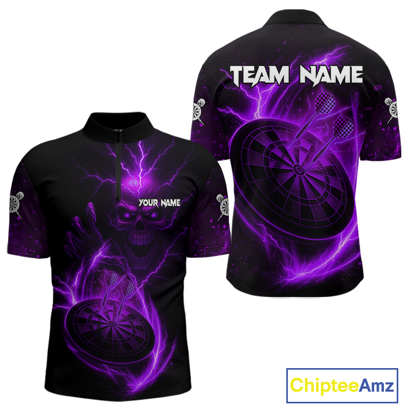 Custom Lightning Dartboard Purple Skull Dart Men Quarter-Zip Jerseys Dart Tournament Shirt NYN1671