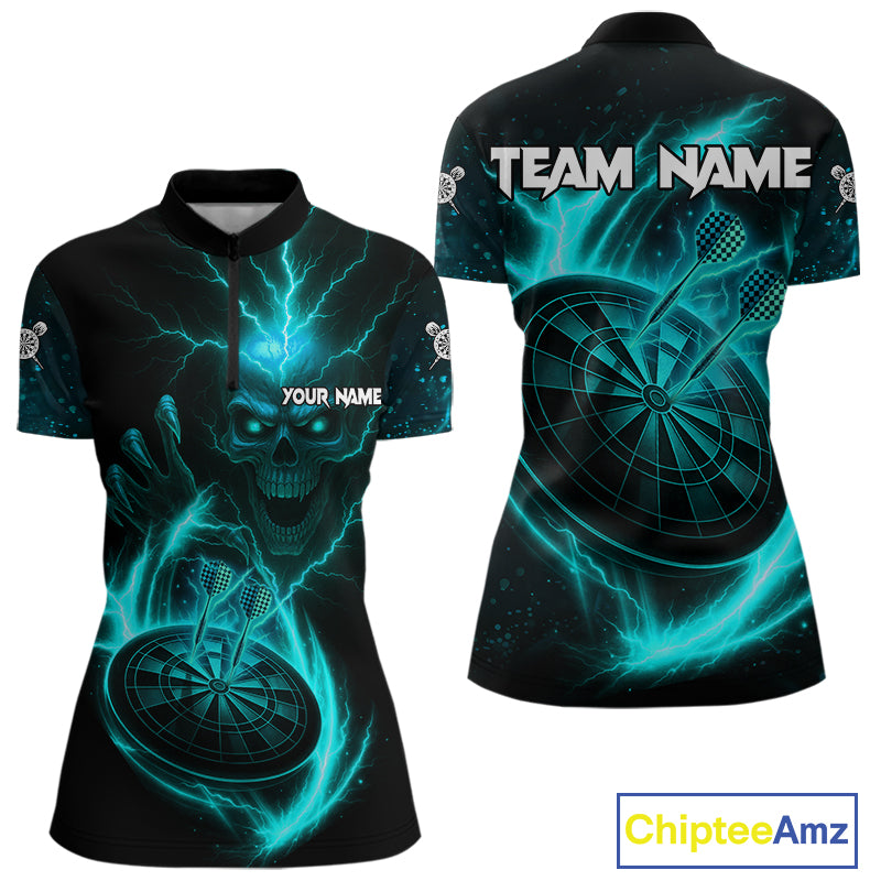 Custom Lightning Dartboard Turquoise Skull Dart Women Quarter-Zip Jerseys Dart Tournament Shirt NYN1672