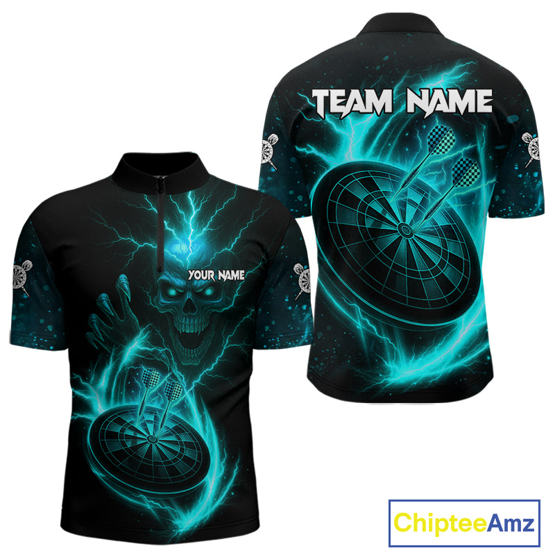 Custom Lightning Dartboard Turquoise Skull Dart Men Quarter-Zip Jerseys Dart Tournament Shirt NYN1672