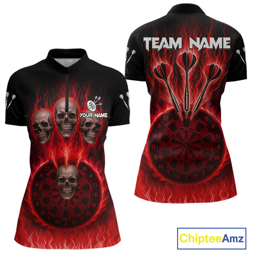Custom Red Flames Dartboard Horror Multi Skull Dart Women Quarter-Zip Jerseys Outfits Dart Shirt NYN1679