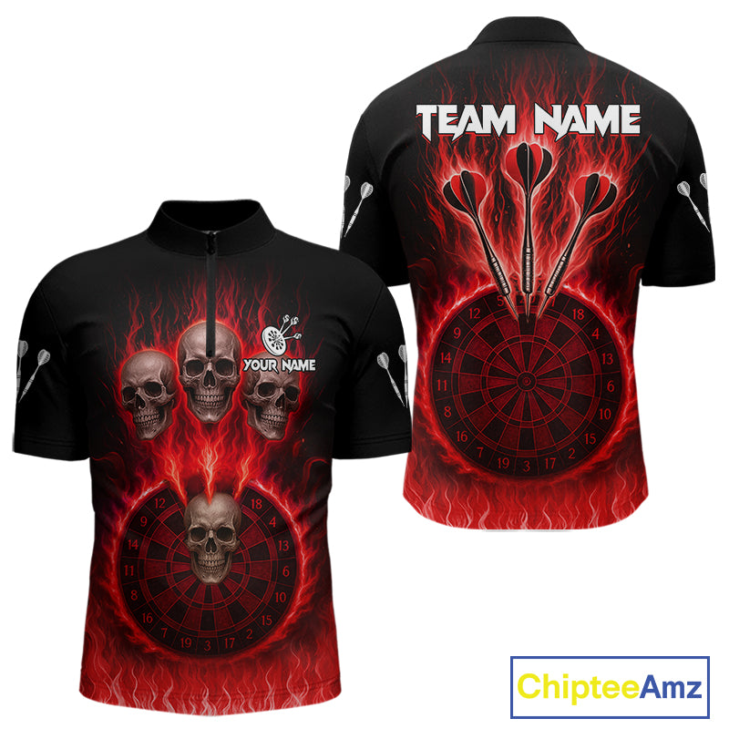 Custom Red Flames Dartboard Horror Multi Skull Dart Men Quarter-Zip Jerseys Outfits Dart Shirt NYN1679