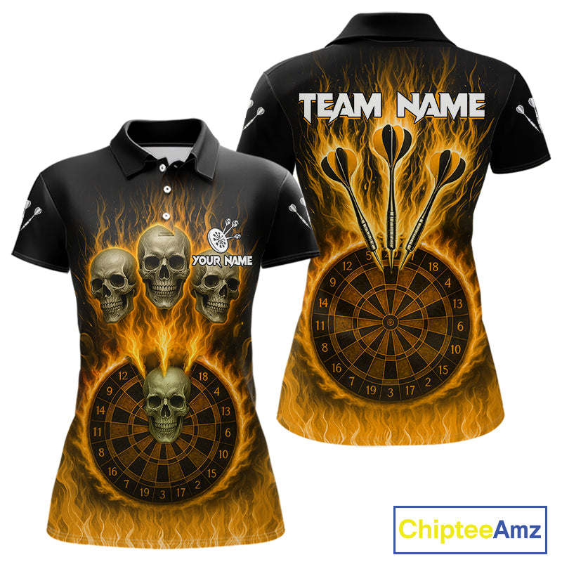 Custom Yellow Flames Dartboard Horror Multi Skull Dart Women Polo Jerseys Outfits Dart Shirt NYN1681