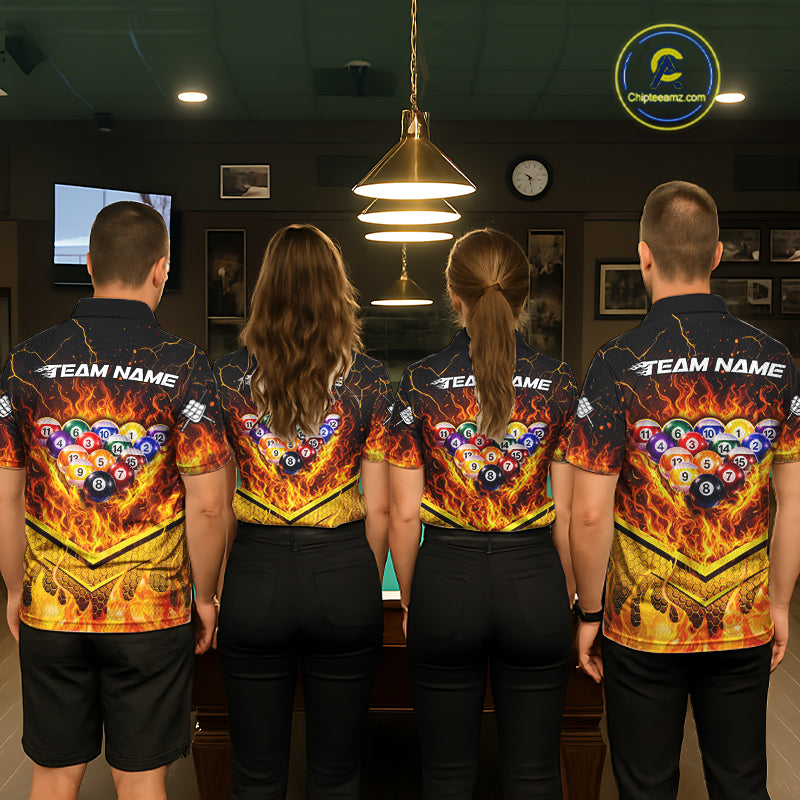 Yellow Flames Hexagon Pool Ball Set Billiards Shirt For Women Personalized Pool Balls 8 Billiard Attire NYN2690