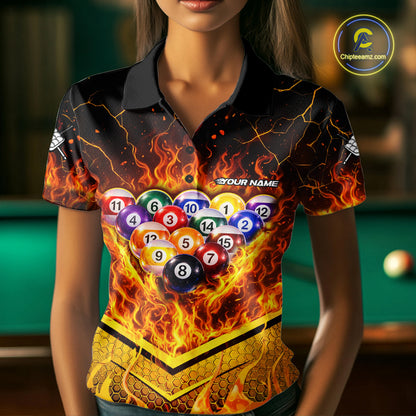 Yellow Flames Hexagon Pool Ball Set Billiards Shirt For Women Personalized Pool Balls 8 Billiard Attire NYN2690