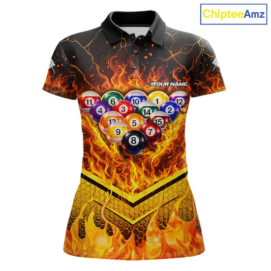 Yellow Flames Hexagon Pool Ball Set Billiards Shirt For Women Personalized Pool Balls 8 Billiard Attire NYN2690