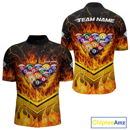 Yellow Flames Hexagon Pool Ball Set Billiards Shirt For Men Personalized Pool Balls 8 Billiard Attire NYN2690