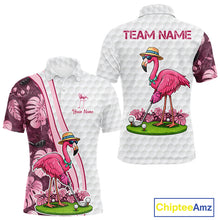 Load image into Gallery viewer, Funny Flamingo Mens Golf Polo Shirt Custom Pink And Purple Monstera Pattern White Golf Shirts NYN2841