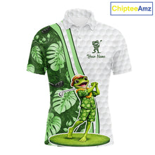 Load image into Gallery viewer, Funny Frog Golf Polo Shirt Custom Green Monstera Pattern White Golf Attire For Men NYN2842