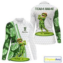 Load image into Gallery viewer, Funny Frog Golf Polo Shirt Custom Green Monstera Pattern White Golf Attire For Women NYN2842