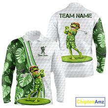 Load image into Gallery viewer, Funny Frog Golf Polo Shirt Custom Green Monstera Pattern White Golf Attire For Men NYN2842