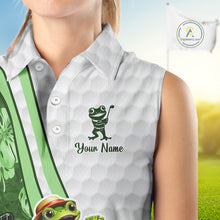 Load image into Gallery viewer, Funny Frog Golf Sleeveless Polo Shirt Custom Green Monstera Pattern White Golf Attire For Women NYN2842