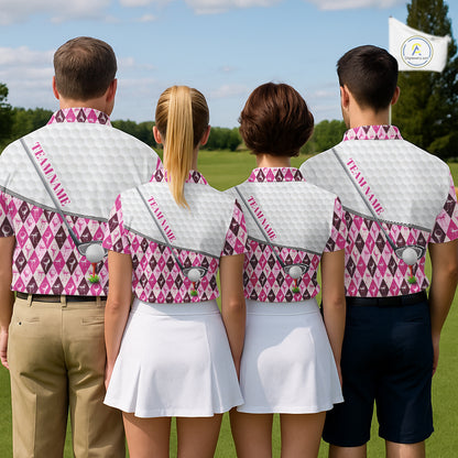 Mens Golf Polo Shirts Custom Pink Argyle And Flamingo Plaid Pattern Golf Attire For Men NYN2843