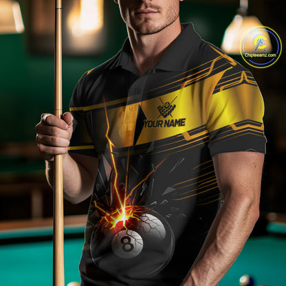 Thunder Cracked 8 Ball Billiard Shirt For Men Custom Black And Gold Billiard Pool Team Jersey NYN3224
