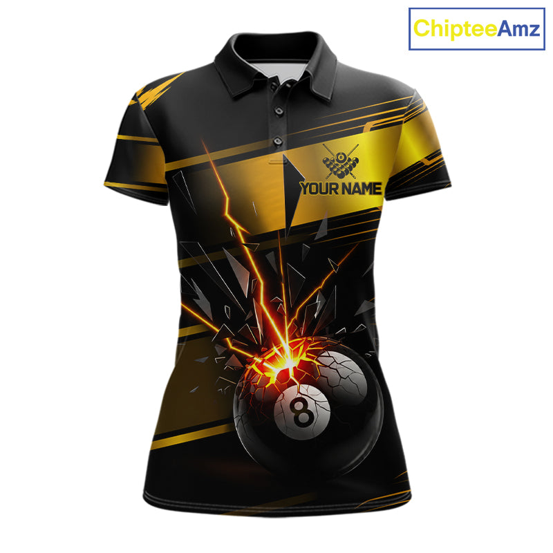 Thunder Cracked 8 Ball Billiard Shirt For Women Custom Black And Gold Billiard Pool Team Jersey NYN3224