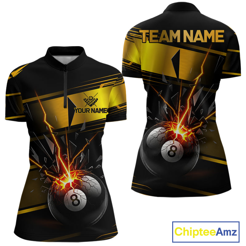 Thunder Cracked 8 Ball Billiard Shirt For Women Custom Black And Gold Billiard Pool Team Jersey NYN3224