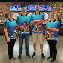 Load image into Gallery viewer, Men women dart team wearing Lobster Beer custom dart uniforms for league and tournament play