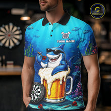 Load image into Gallery viewer, Male dart player wearing Shark Beer custom dart shirt during tournament competition and dart league play