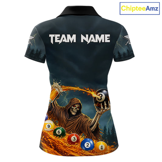 Funny Grim Reaper Play Beer & Pool 8 Ball Women's Billiard Team Shirt Custom Billiard Attire NYN2492