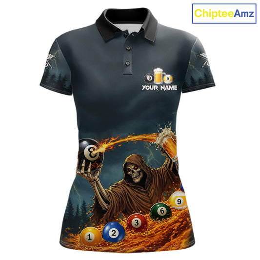 Funny Grim Reaper Play Beer & Pool 8 Ball Women's Billiard Team Shirt Custom Billiard Attire NYN2492