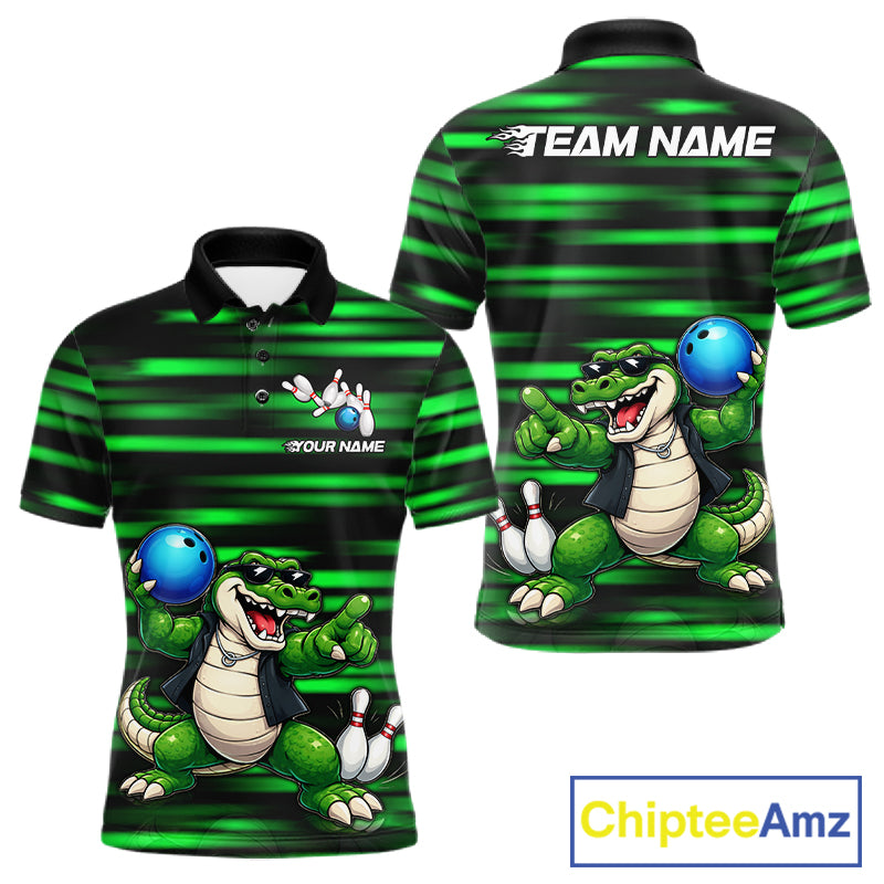 Funny Crocodile Bowling Jersey For Men Personalized Green Strike Lightning Team Bowling Attire NYN3228