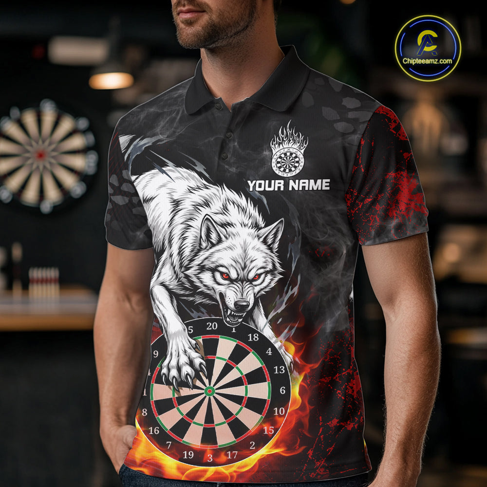 Fire Flame Funny Wolf Darts Polo & 1/4 Zip For Men Personalized Grunge Dart Team Shirts | Red NYN3236