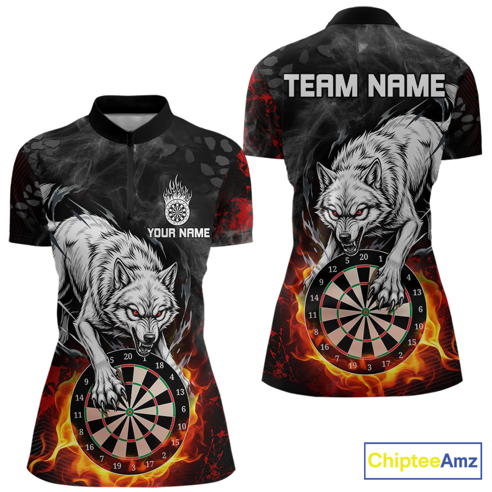Fire Flame Funny Wolf Darts Polo & 1/4 Zip For Women Personalized Grunge Dart Team Shirts | Red NYN3236